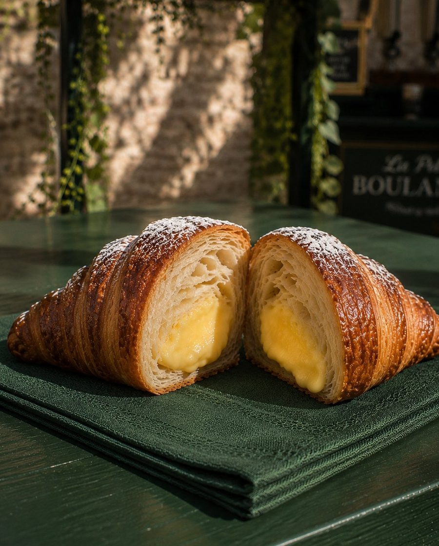 A golden La Petite Boulange croissant filled with lemon cream and dusted with powdered sugar