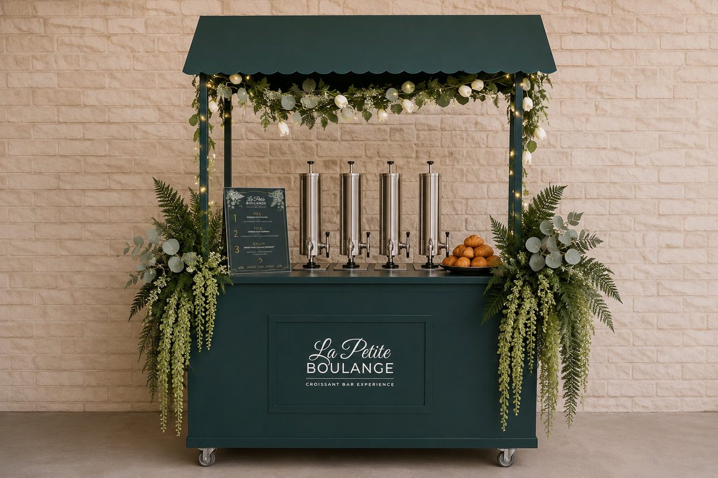 The La Petite Boulange croissant bar — a deep-green pastry cart with scalloped canopy, café lights, fresh greenery, four filling injectors, and a basket of croissants